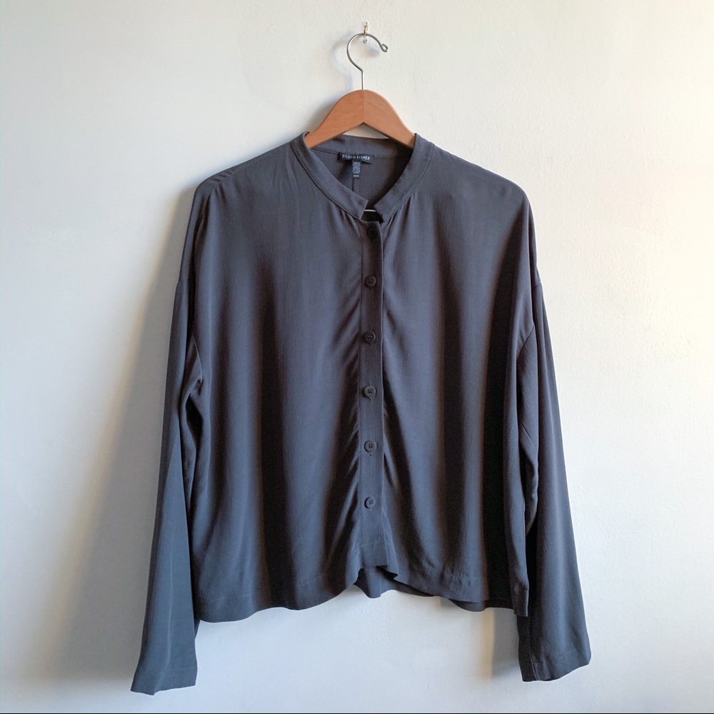 Eileen Fisher Gray Mock Neck Button Down Blouse